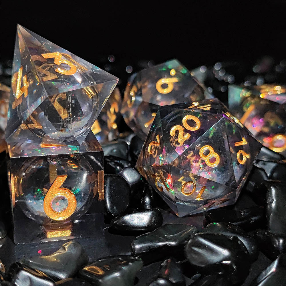 Black Gold Font Liquid Quicksand Resin Dice RPG Jogo de RPG Conjunto de dados poliédricos