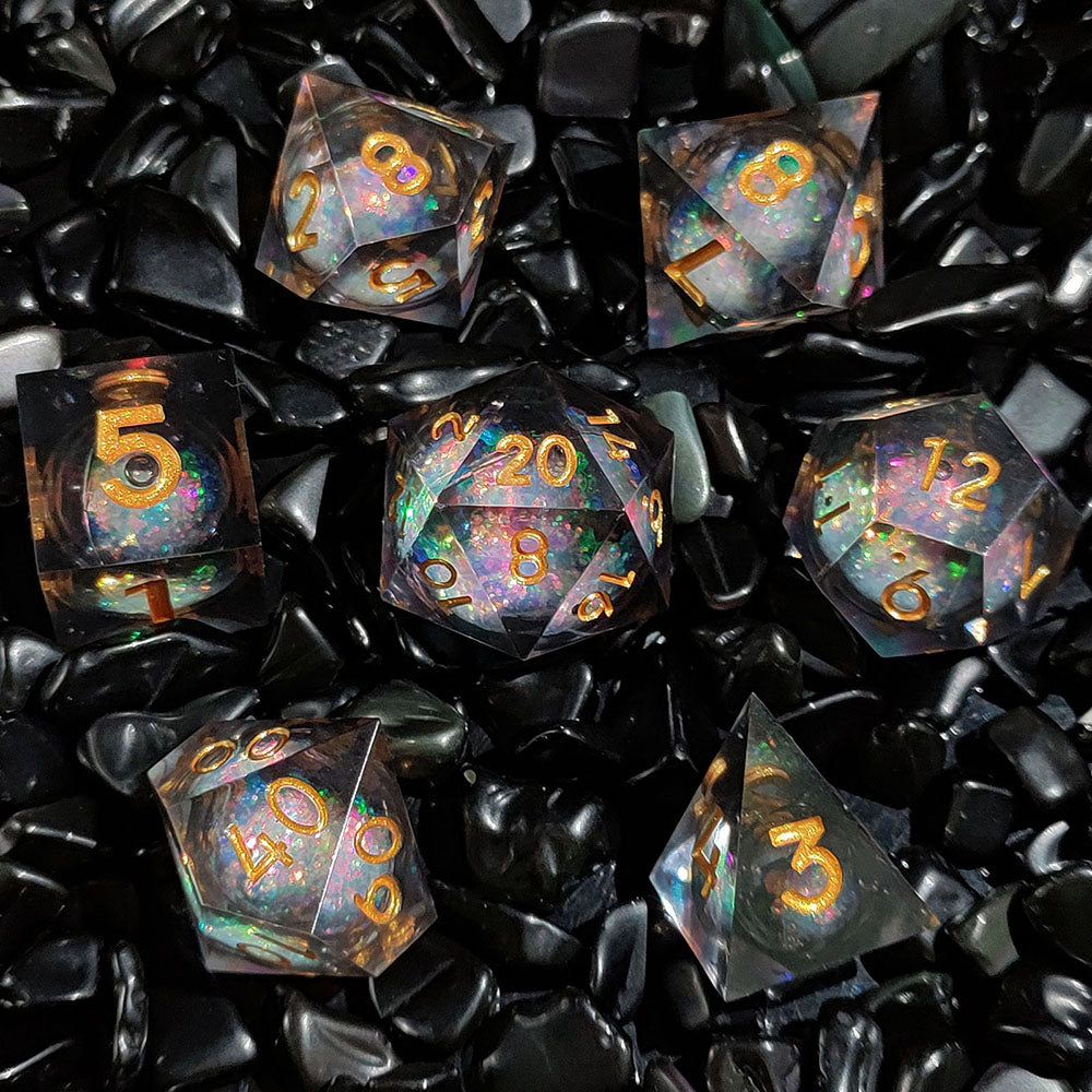 Black Gold Font Liquid Quicksand Resin Dice RPG Jogo de RPG Conjunto de dados poliédricos