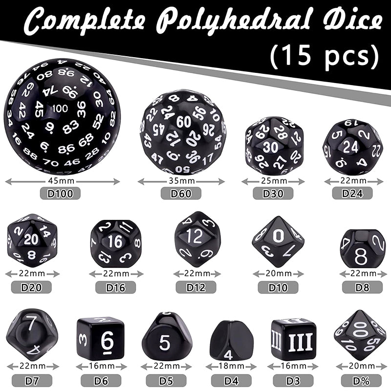 15 Pieces Complete Polyhedral Dice Set D3-D100 Game Dice Set Drawstring Bag for Role Playing Table Games