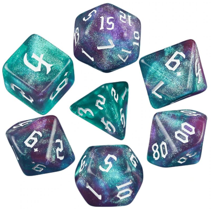 Aqua Purple Glitter Dice RPG Role Playing Game Polyhedral Dice Set