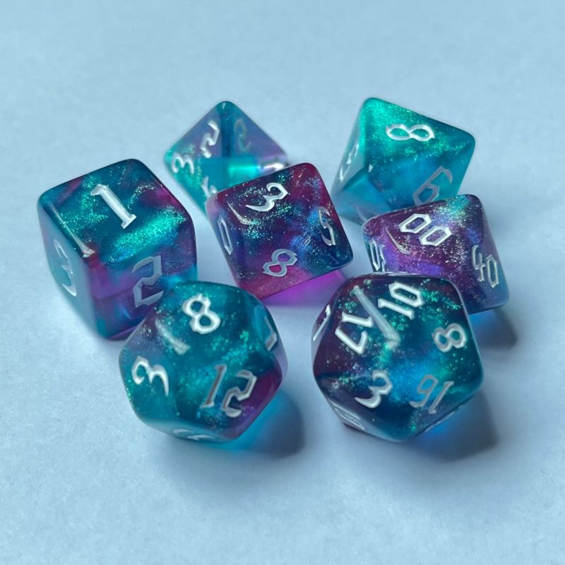 Aqua Purple Glitter Dice RPG Role Playing Game Polyhedral Dice Set