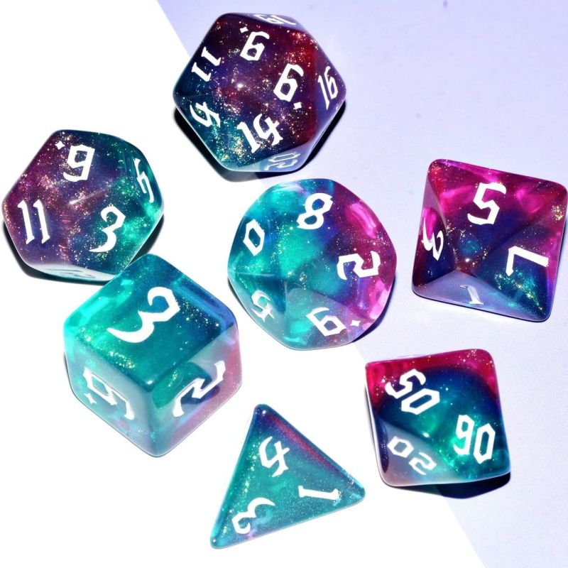 Aqua Purple Glitter Dice RPG Role Playing Game Polyhedral Dice Set