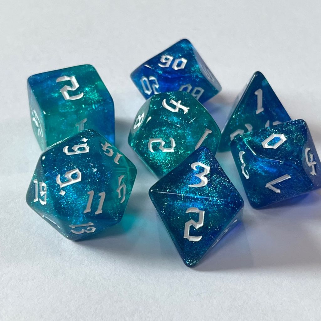 Aqua Blue Glitter Dice RPG Role Playing Game Polyhedral Dice Set