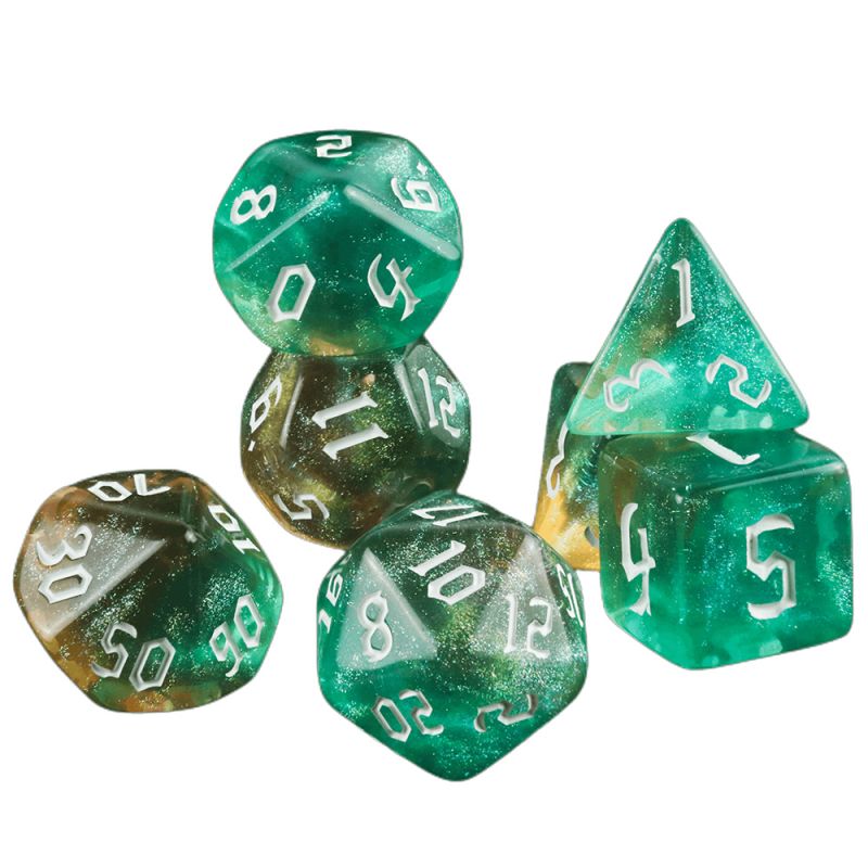 Aqua Green Gold Glitter Dice RPG Role Playing Game Polyhedral Dice Set