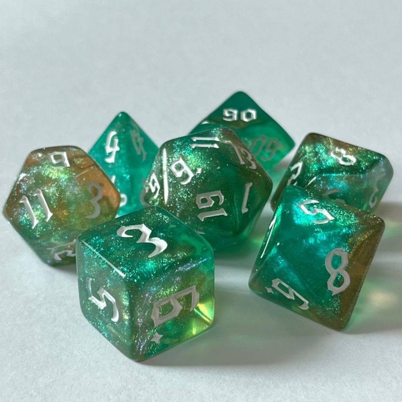 Aqua Green Gold Glitter Dice RPG Role Playing Game Polyhedral Dice Set