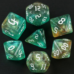 Aqua Green Gold Glitter Dice RPG Role Playing Game Polyhedral Dice Set