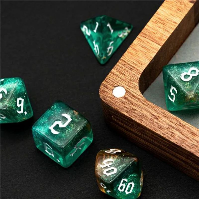 Aqua Green Gold Glitter Dice RPG Role Playing Game Polyhedral Dice Set