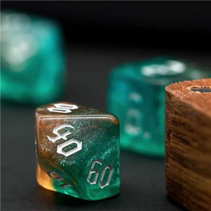 Aqua Green Gold Glitter Dice RPG Role Playing Game Polyhedral Dice Set