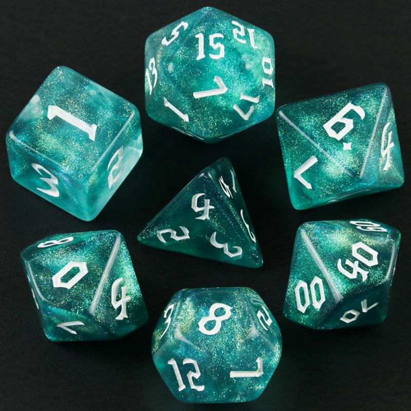 Aqua Green White Glitter Dice RPG Role Playing Game Polyhedral Dice Set