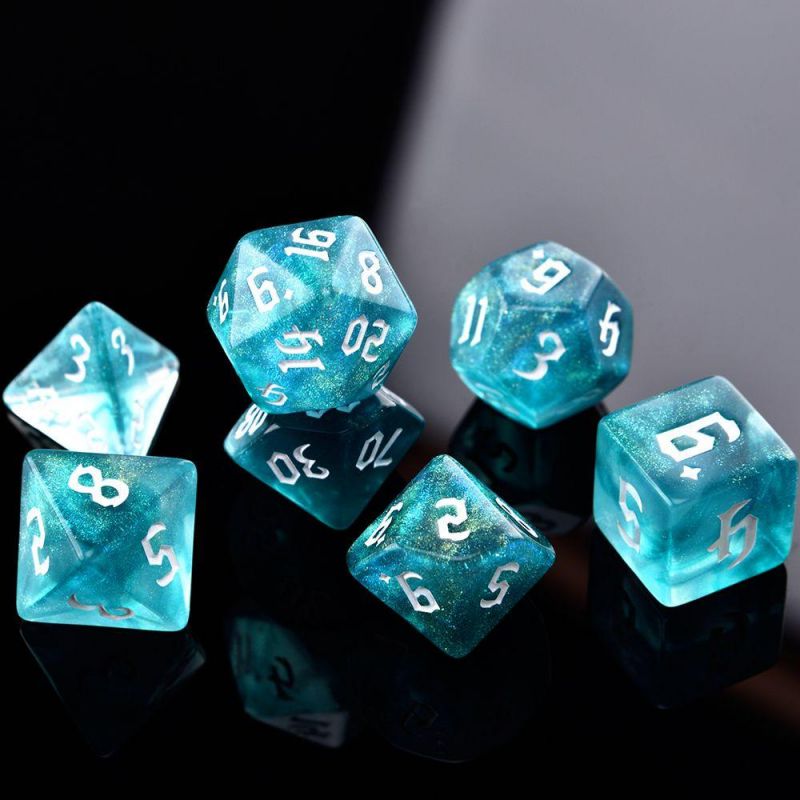 Aqua Green White Glitter Dice RPG Role Playing Game Polyhedral Dice Set