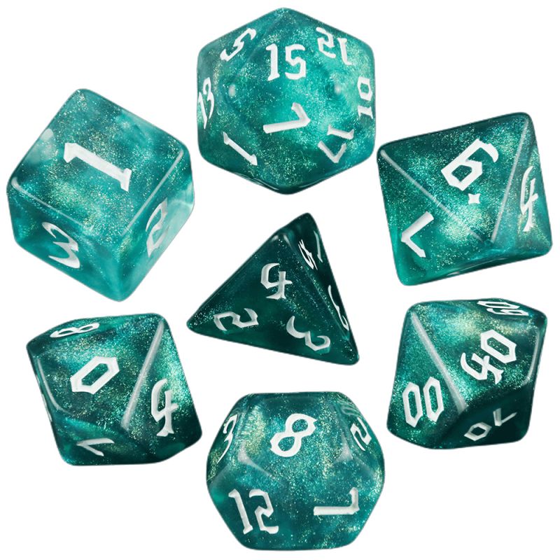 Aqua Green White Glitter Dice RPG Role Playing Game Polyhedral Dice Set