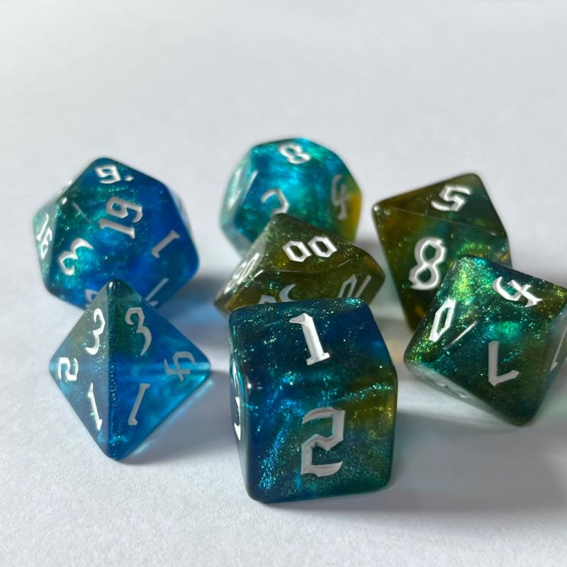 Blue Gold Glitter Dice RPG Role Playing Game Polyhedral Dice Set