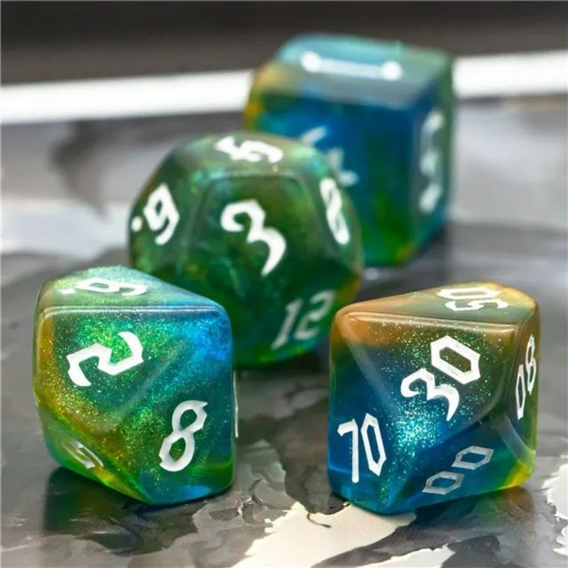 Blue Gold Glitter Dice RPG Role Playing Game Polyhedral Dice Set