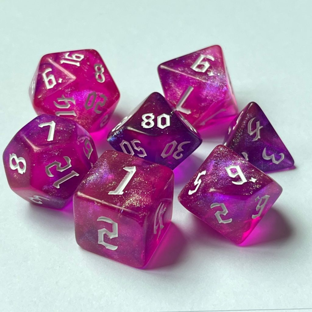 Dados de glitter roxo rosa RPG RPG Jogo de interpretação de papéis Conjunto de dados poliédricos